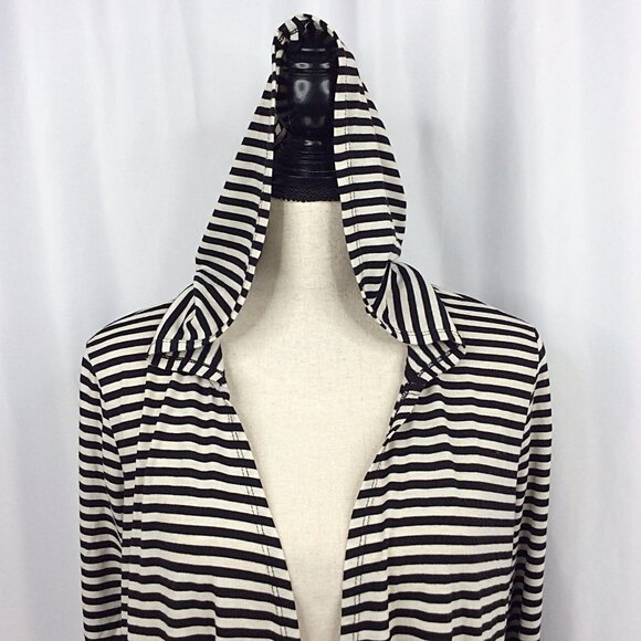 Janet Chung Hooded Duster Cardigan Sweater Womens Size Medium Striped Hi Low - Picture 6 of 10